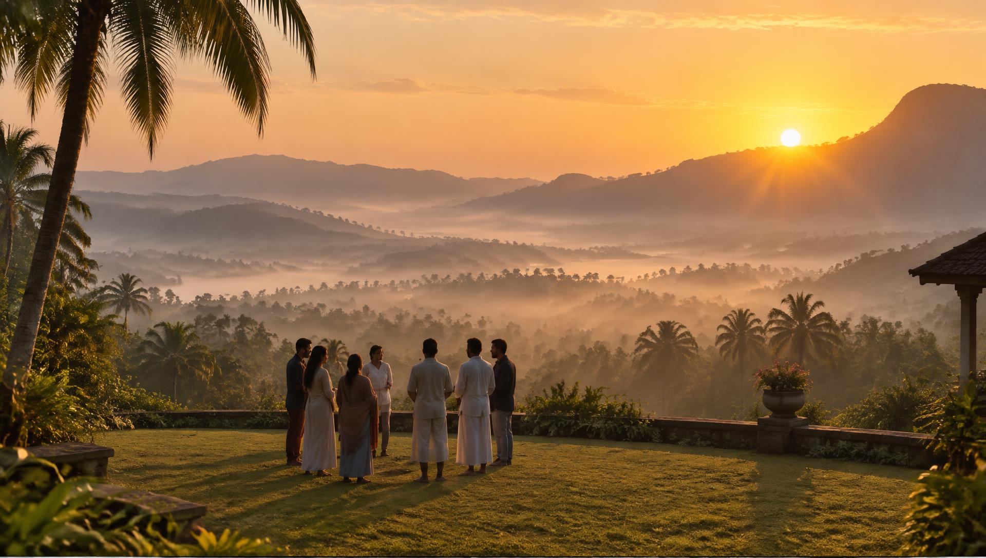 Golden sunrise over a misty South Indian valley, a small group standing in a circle on a lawn