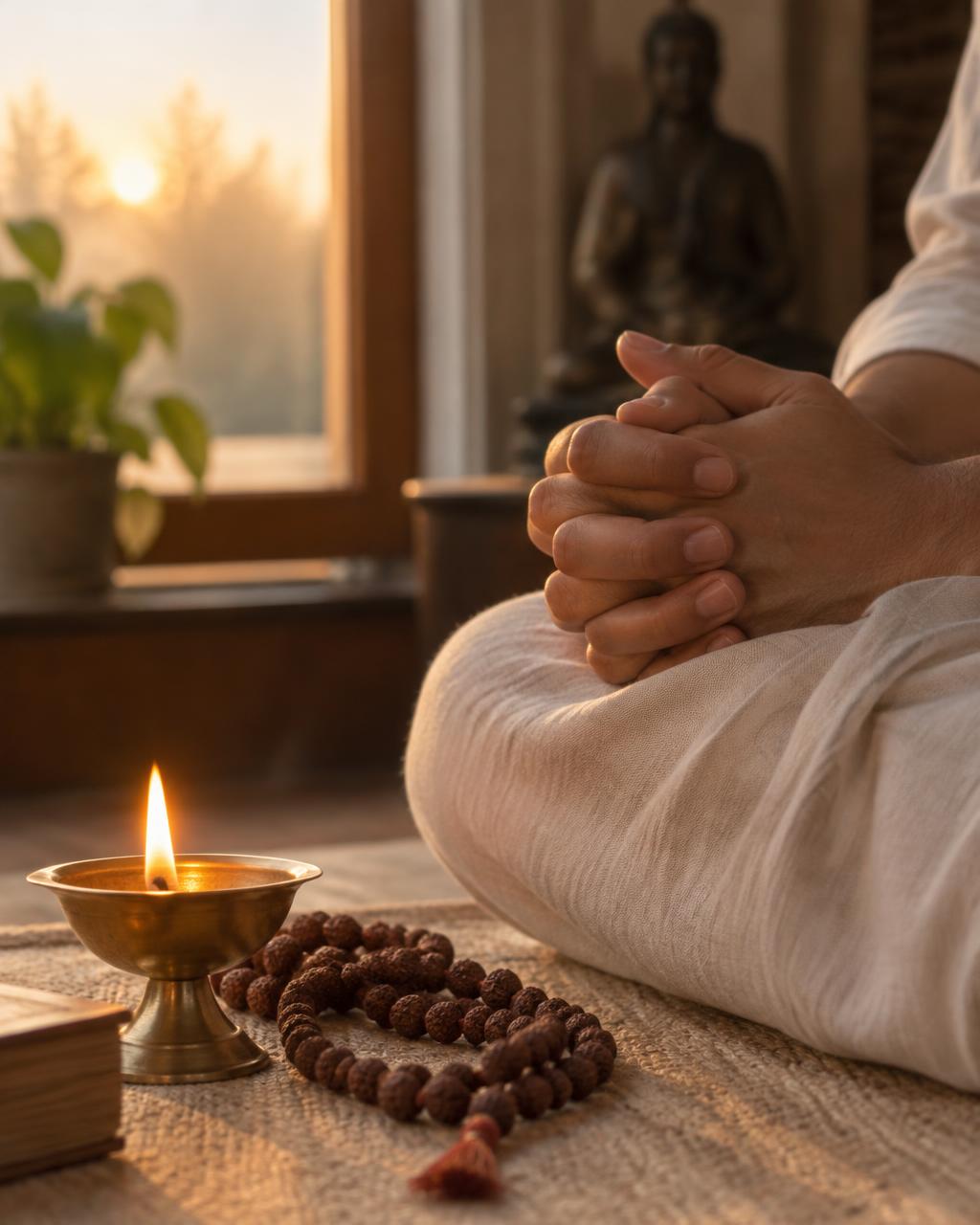Folded hands resting on a knee beside a lit brass diya and a rudraksha mala